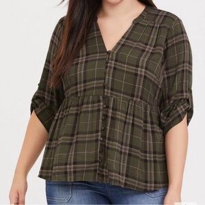 Torrid Women’s Olive Green Plaid Peplum Shirt w/Roll Tab Sleeves Size 00 (10)
